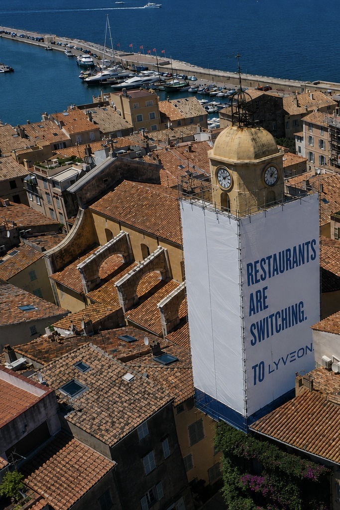 Bannière « Restaurants are switching to Lyveon » sur le clocher de Saint-Tropez