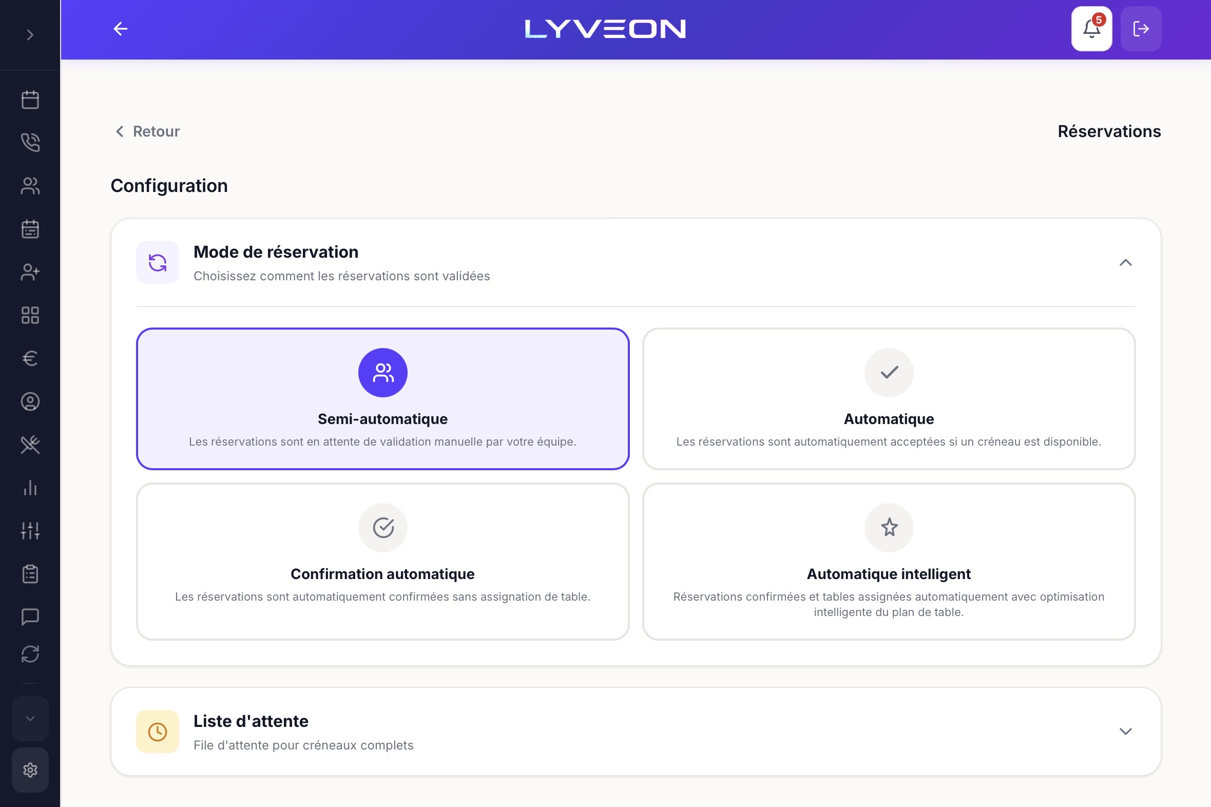 Choix du mode de réservation dans l'application Lyveon