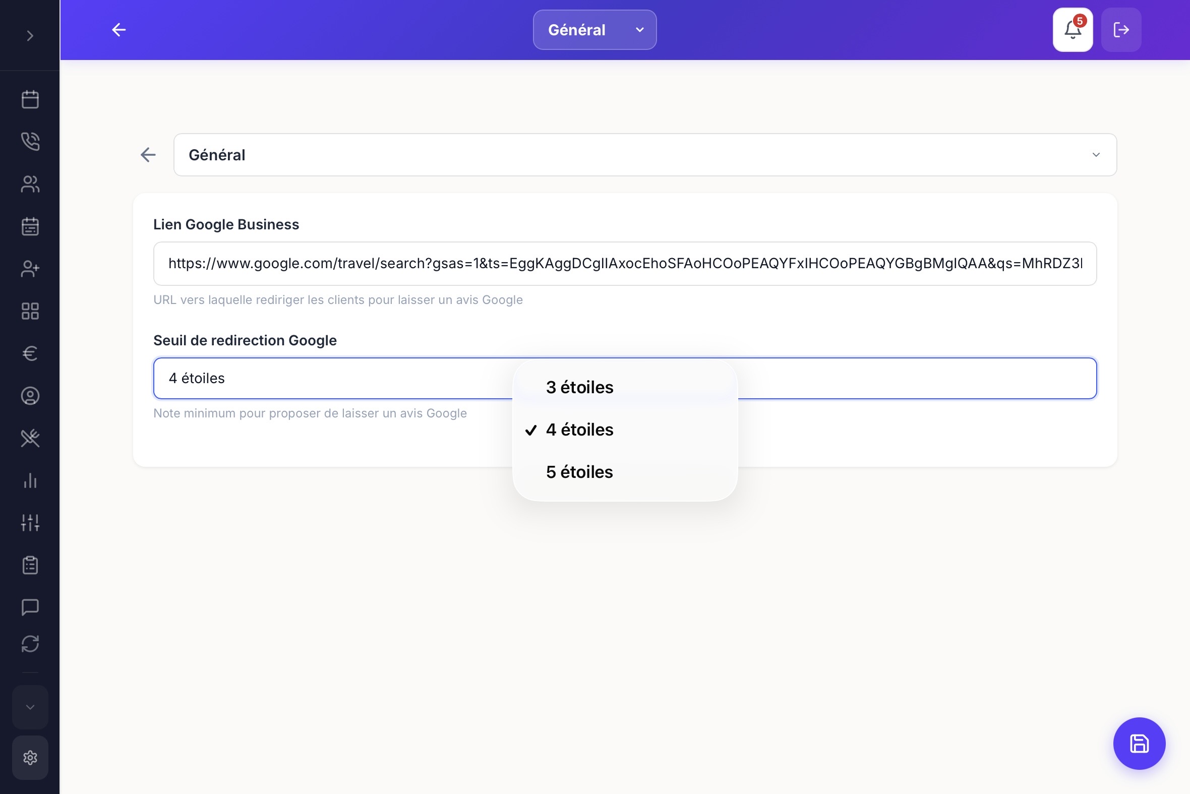 Paramètres avis : lien Google Business + seuil de redirection 4 étoiles