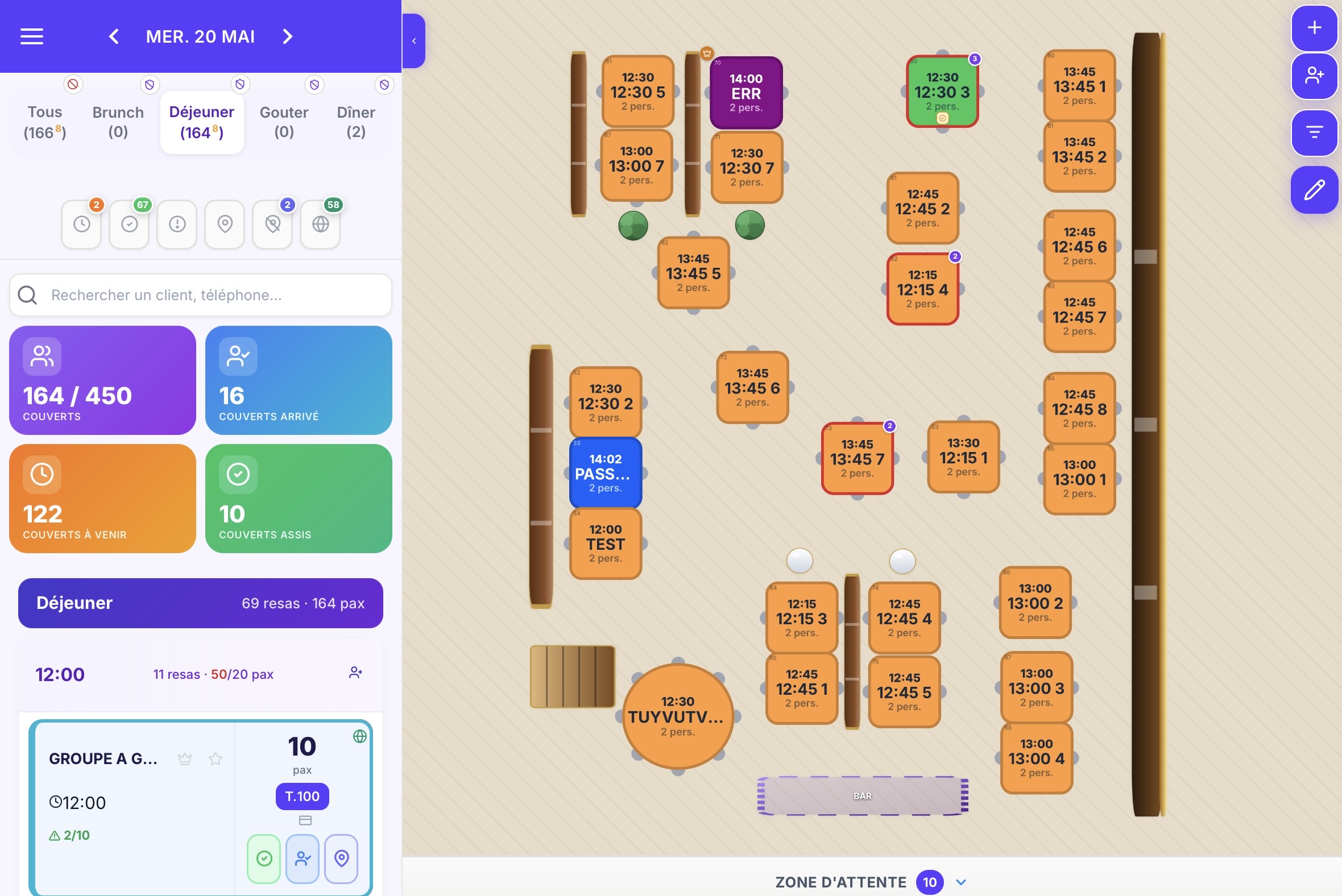 Plan de salle Lyveon, une table en violet pour signaler un client VIP
