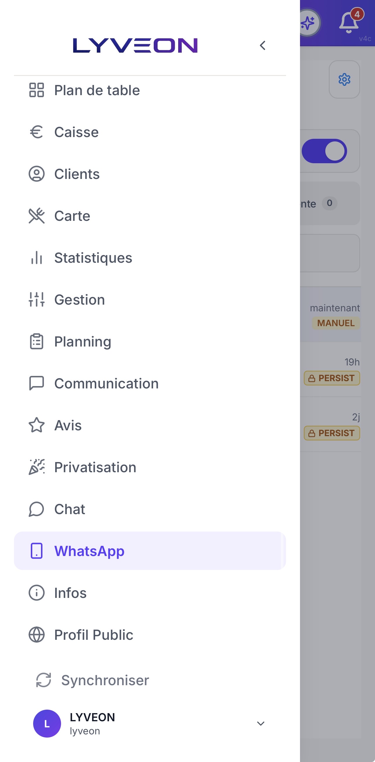 Menu Lyveon Manager montrant l’onglet WhatsApp intégré